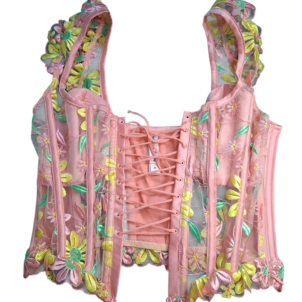 For Love & Lemons Pink Floral Lace-Up Corset Top